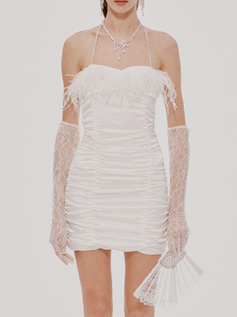 Pink Spaghetti Strap Feather Satin Pleated Gown Party Dress