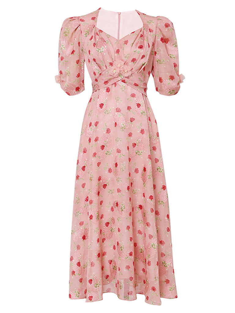 Pink Rose Floral Chiffon Vintage Style 1950S Dress