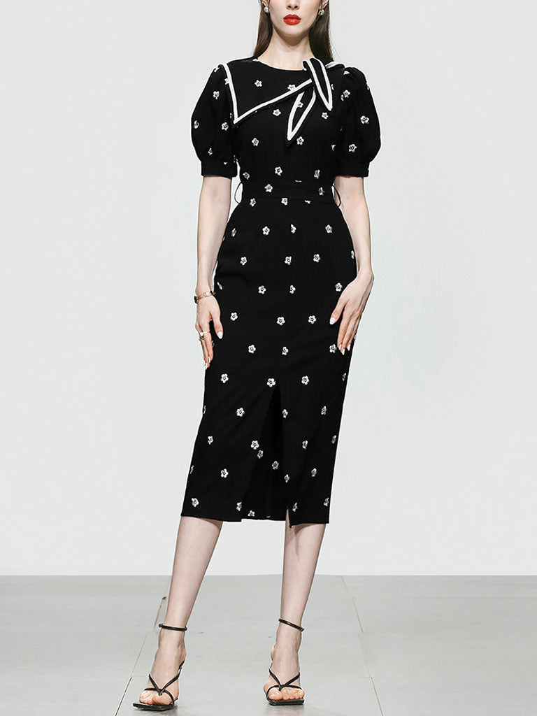 Black Embroidered Flowers Puff Sleeve 1940S Split Vintage Dress