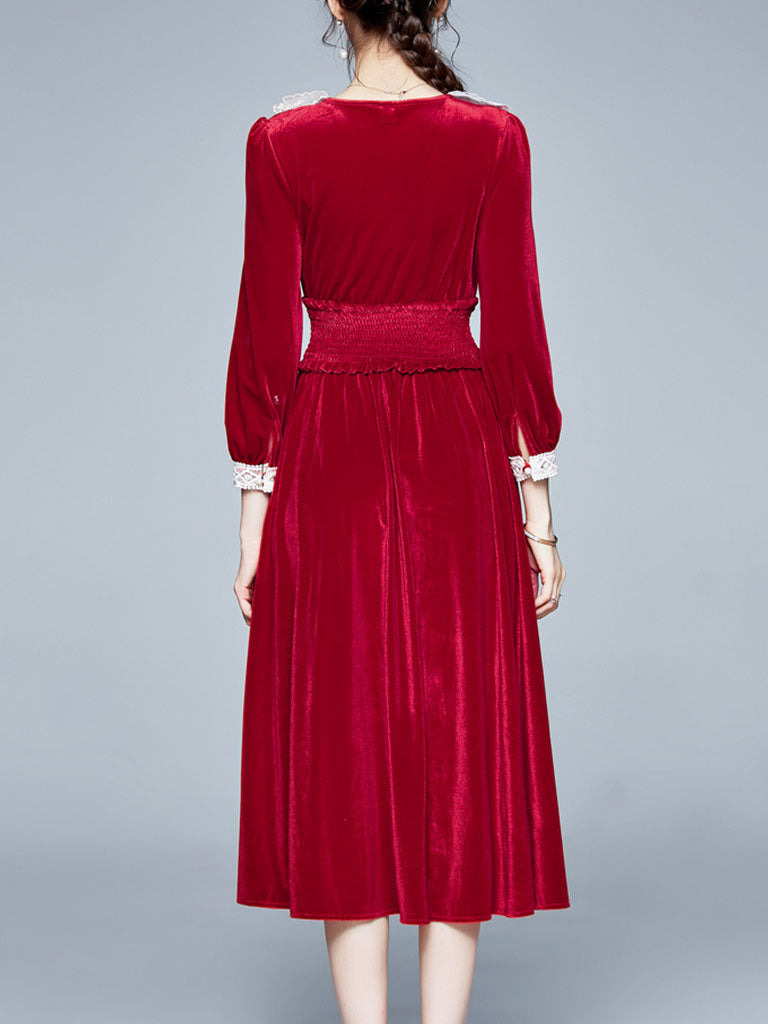 Vinatge Red Lace Long Sleeve Swing Velvet Dress