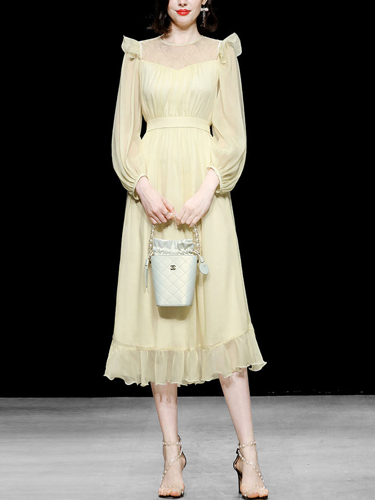 Yellow Ruffles Collar Long Sleeve 1950S Vintage Dress