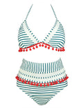 High Waist Bikini Striped Fringed Fur Ball Swimsuit Two Pieces Bikini Sets
