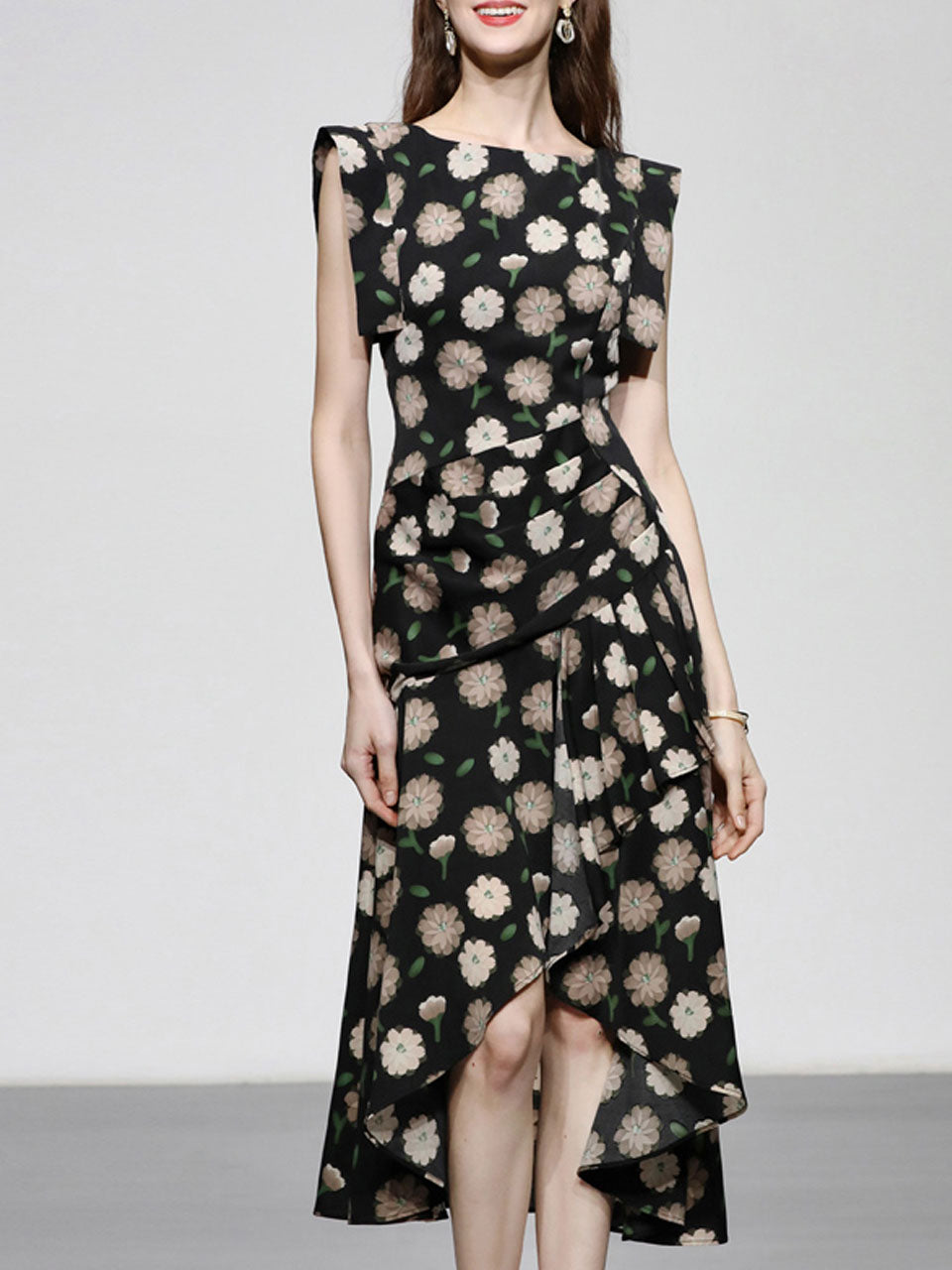 Black Floral Print Short Front Long Back Design Butterfly Sleeve 1940S Vintage Dress