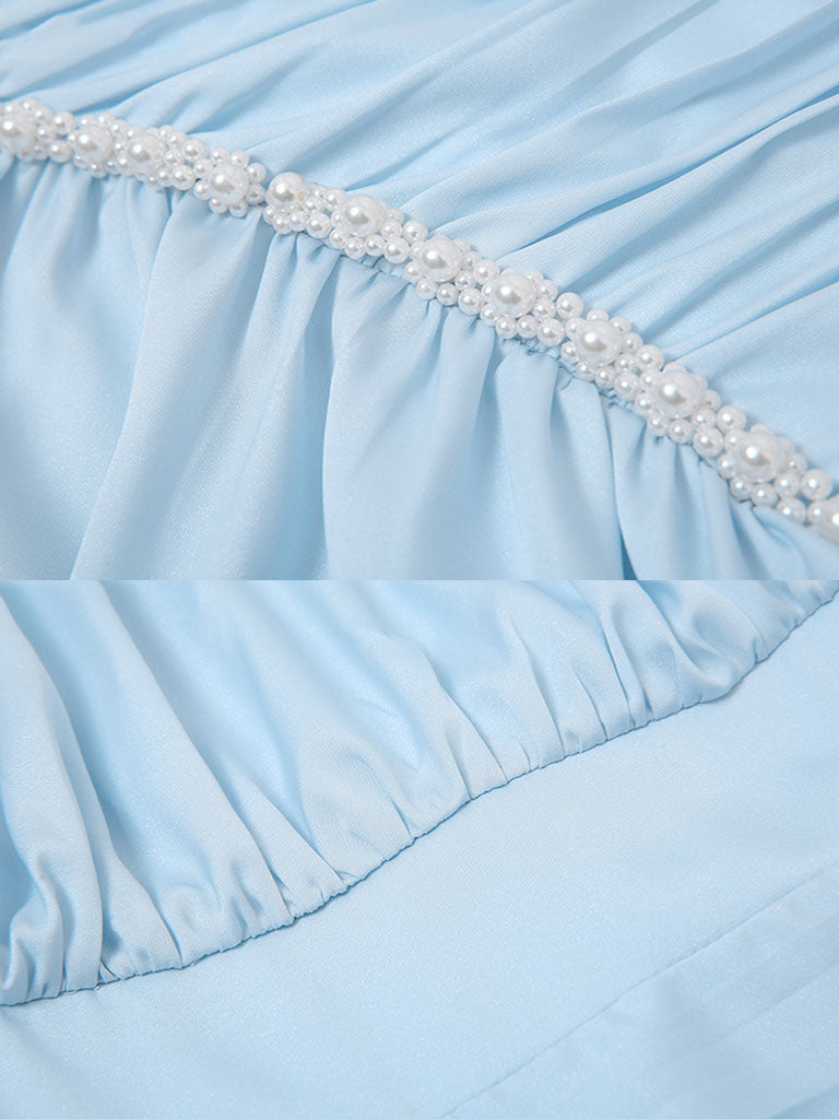 Blue Lantern Long Sleeve Crinkled Bodycon Satin Party Dress