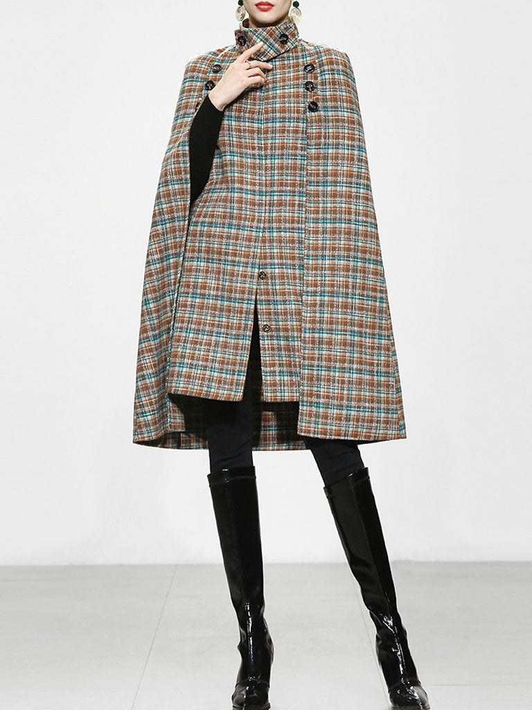 Sweet Brown Plaid Long Sleeve Dress Cape Coat
