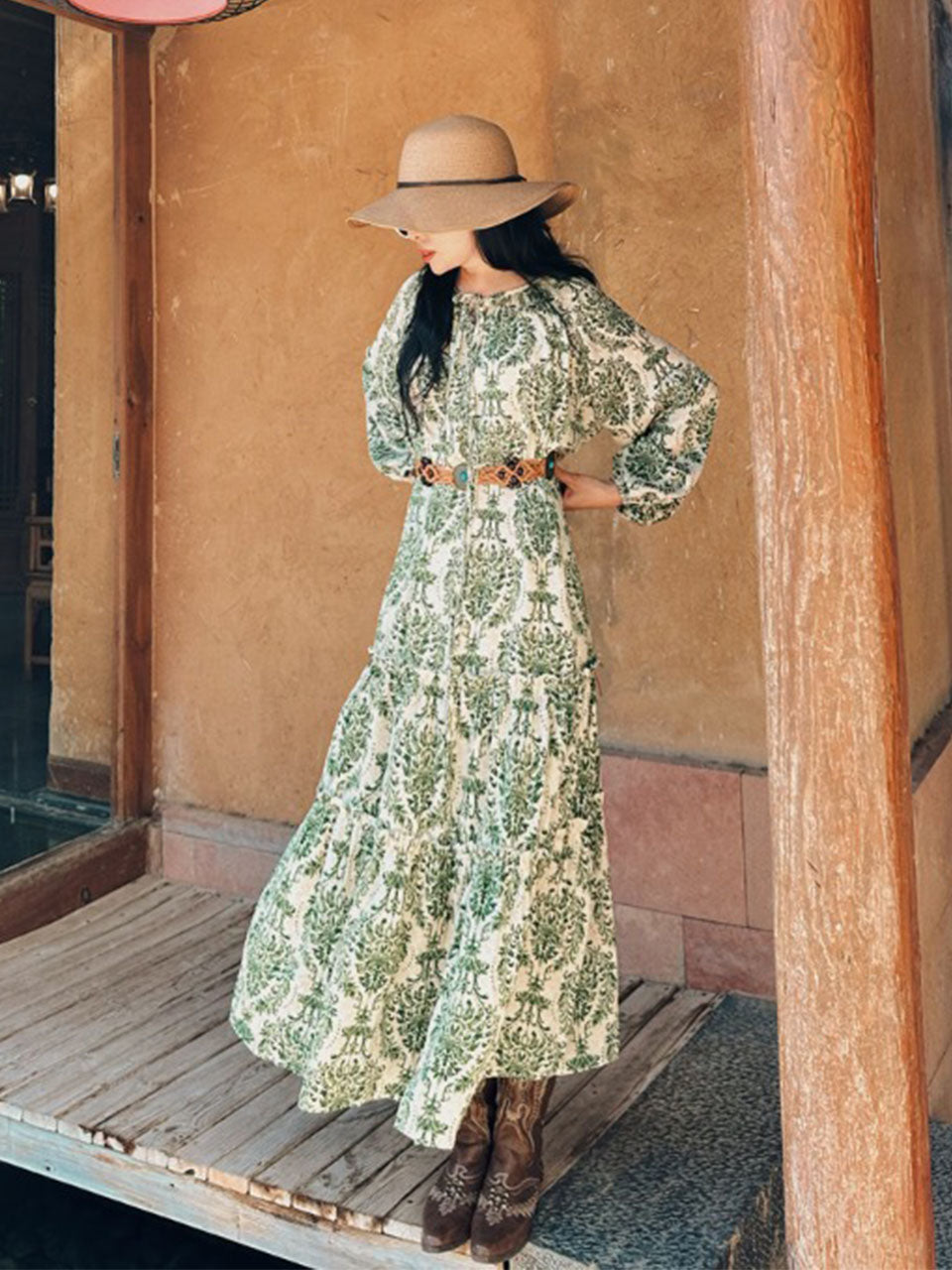 Bohemian Green Print Boho Maxi Dress Outfit