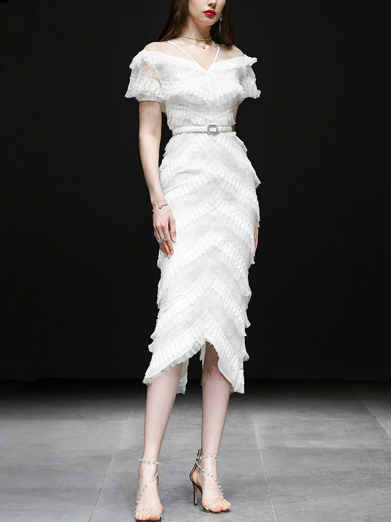 White Romantic Wedding Ruffles V-Neck Sequin Lace Irregular Hem Dress