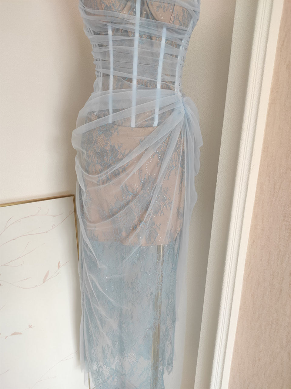 Herringbone Sequined Pleated Slit Lace Dress