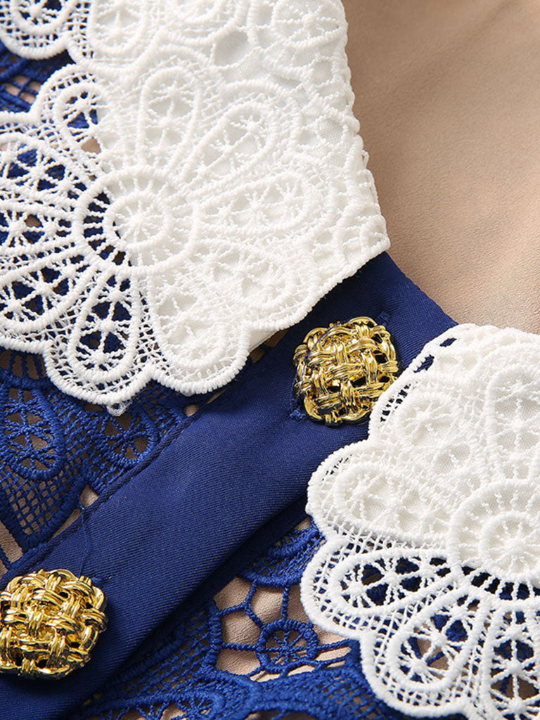 Navy Lace Peter Pan Collar Short Sleeve 1950S Vintage Dress