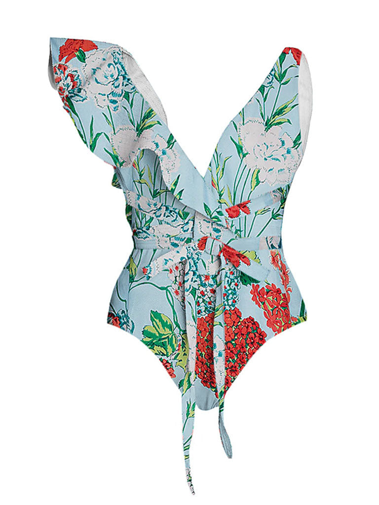 Green Retro Floral Print One Piece