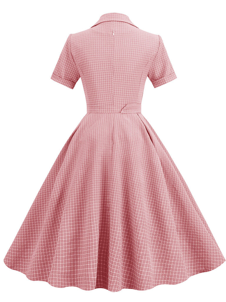 Green Plaid Turn Down Collar Short Sleeves 1950S Vintage Shirt Dress
