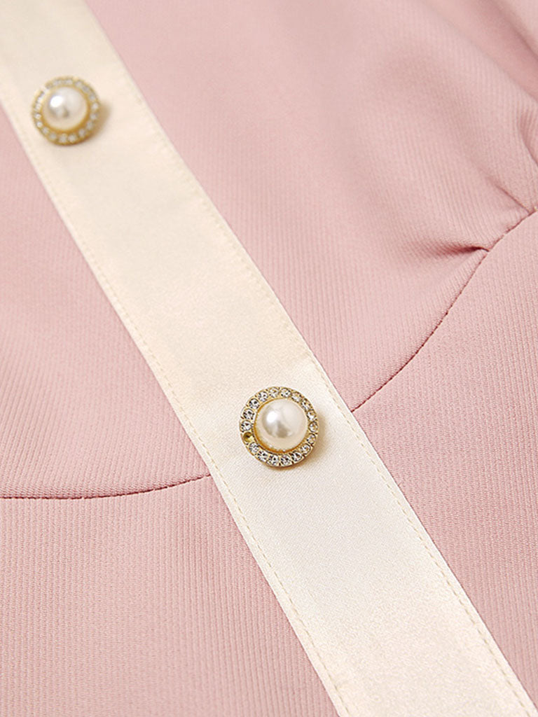 Pink Turn Down Collar Long Sleeve 1940S Vintage Dress