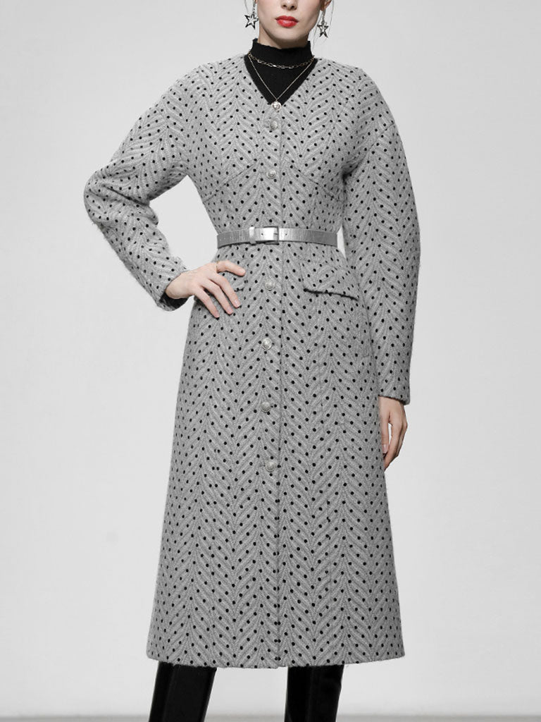 Light Grey V Neck Polka Dot Woolen Coat