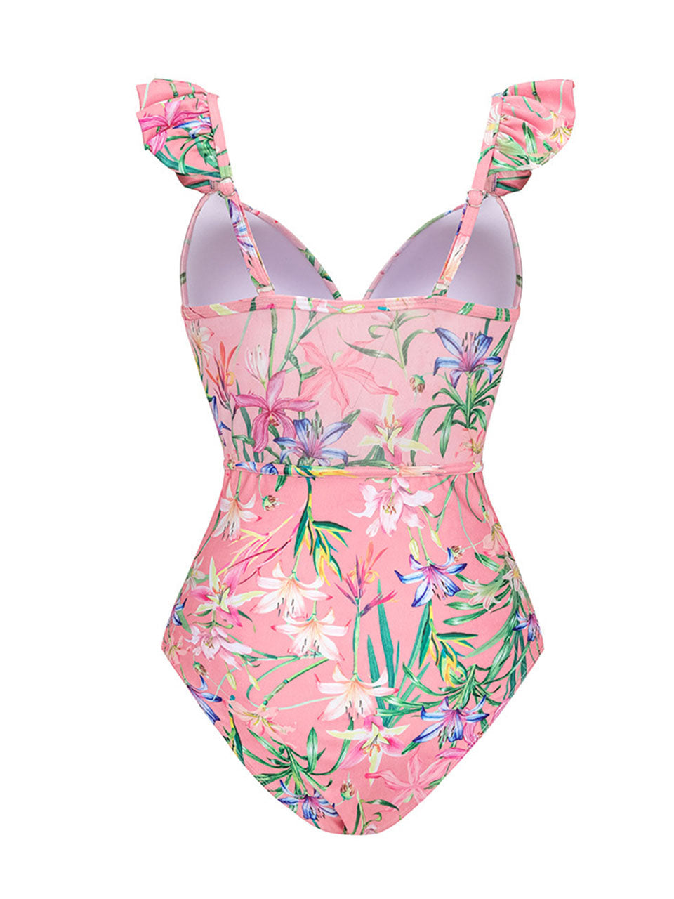 Pink Lace Ruffles Flowers One-piece Swimsuit