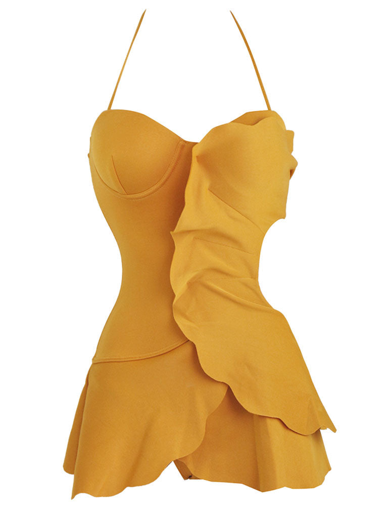 Yellow One Piece Ruffles Backless Bikini Swimwear