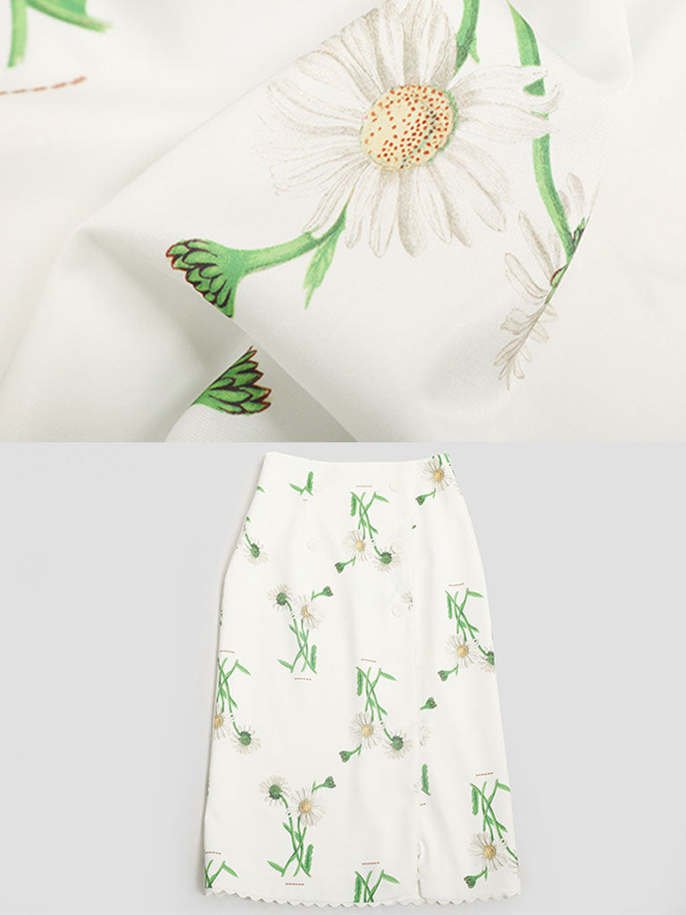 2PS White Retro Stand Collar Satin Printed Top
