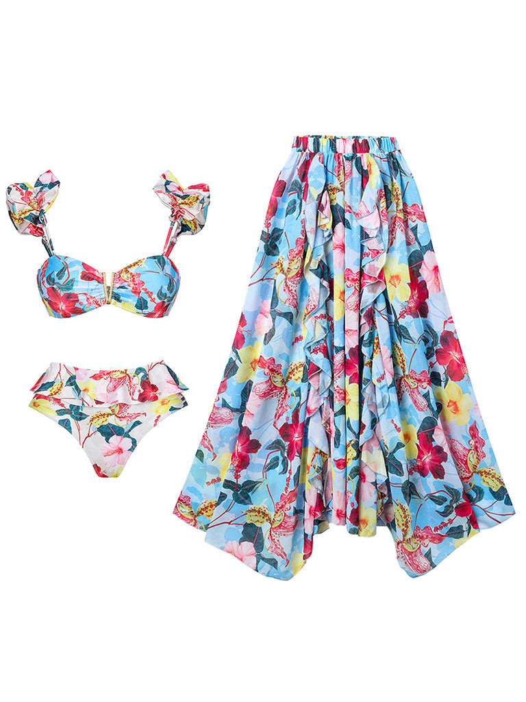 Blue Flower Print Ruffles Strappy Bikini