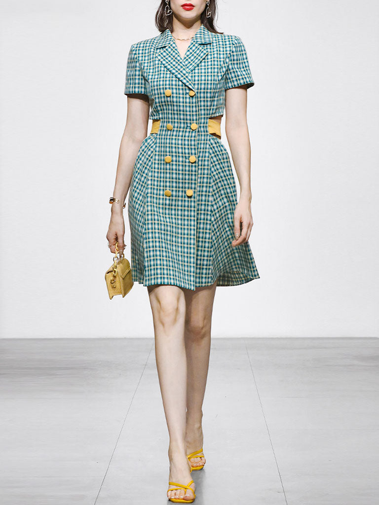 Blue Plaid Short Sleeve Waist Back Waist Hollow Bow Dress
