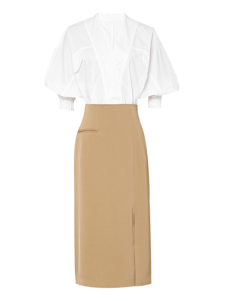 2PS V Neck White Shirt And Khaki Split Bodycon Skirt Suit