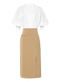 2PS V Neck White Shirt And Khaki Split Bodycon Skirt Suit