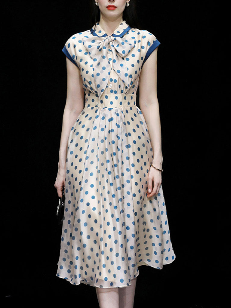 Blue Polka Dots Bow Collar 1950S Vintage Dress