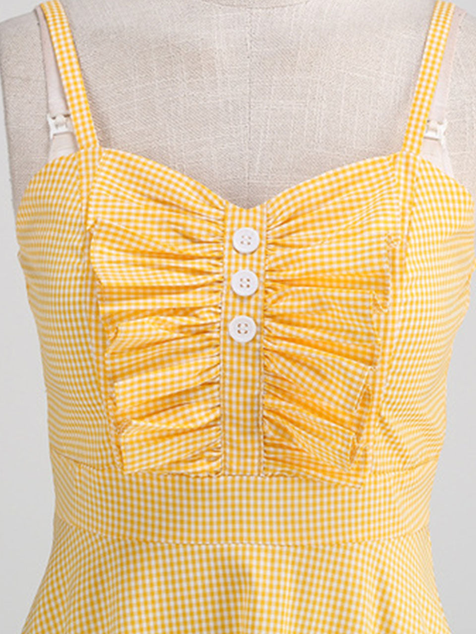 Yellow Plaid Spaghetti Bow Ruffles 1950S Vintage Dress