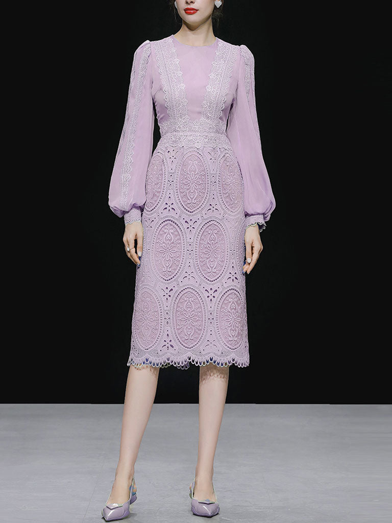 Lilac Lantern Sleeve Embroidered Lace Chiffon 1930S Dress