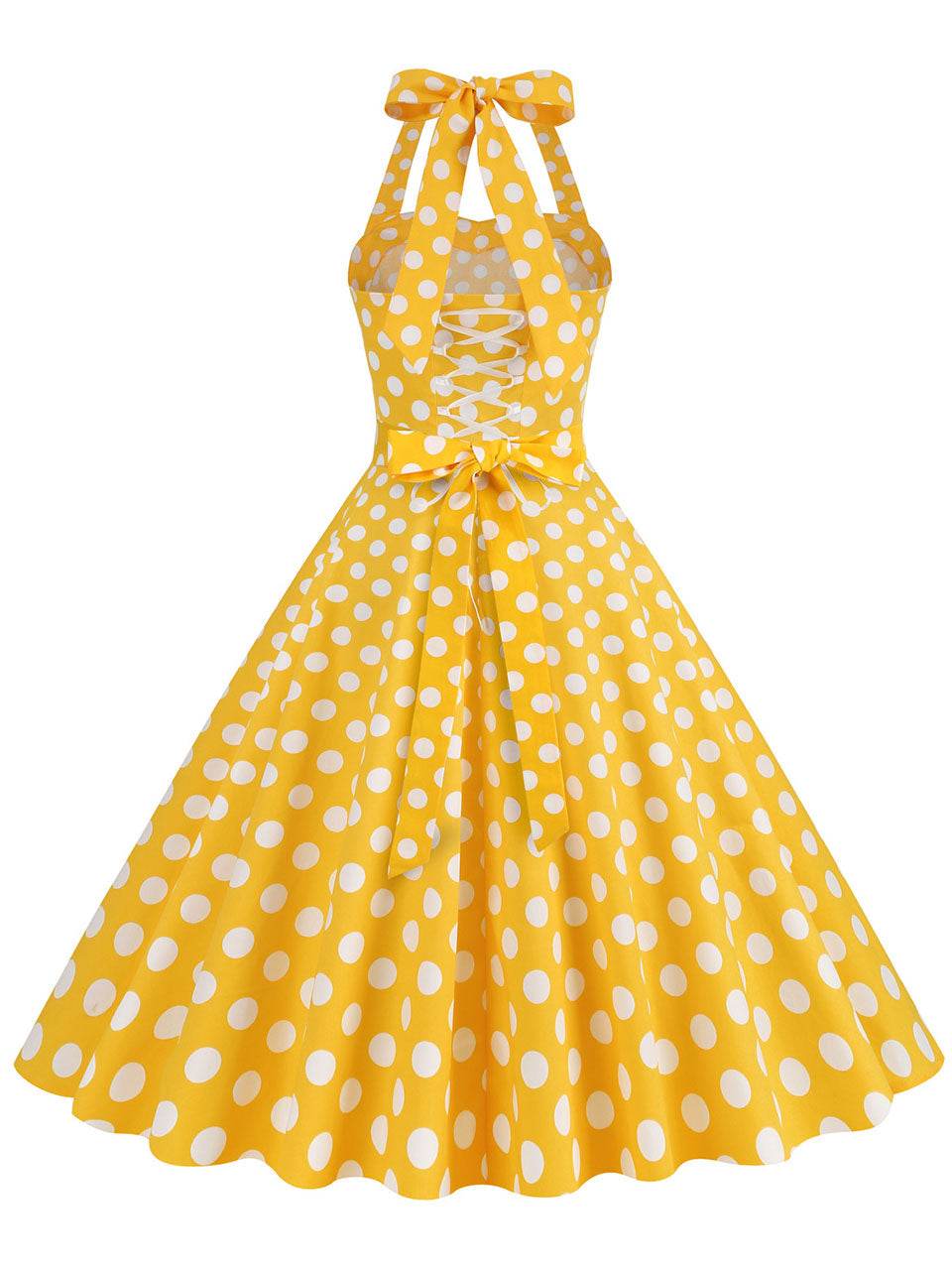 Yellow Polka Dots Vintage Halter Strap Backless 1950S Vintage Dress
