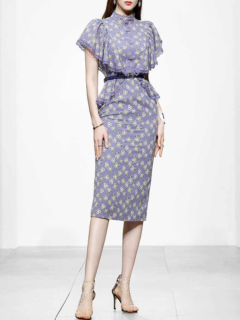 Lavender Lace Collar Ruffles Sleeve Floral Print 1930S Vintage Dress