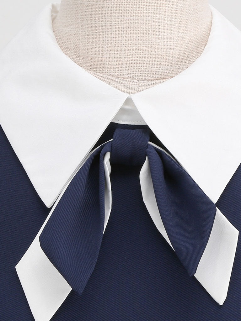 Navy Cotton Plaid Short Sleeve Cravat Tie 1950S Vintage Dress