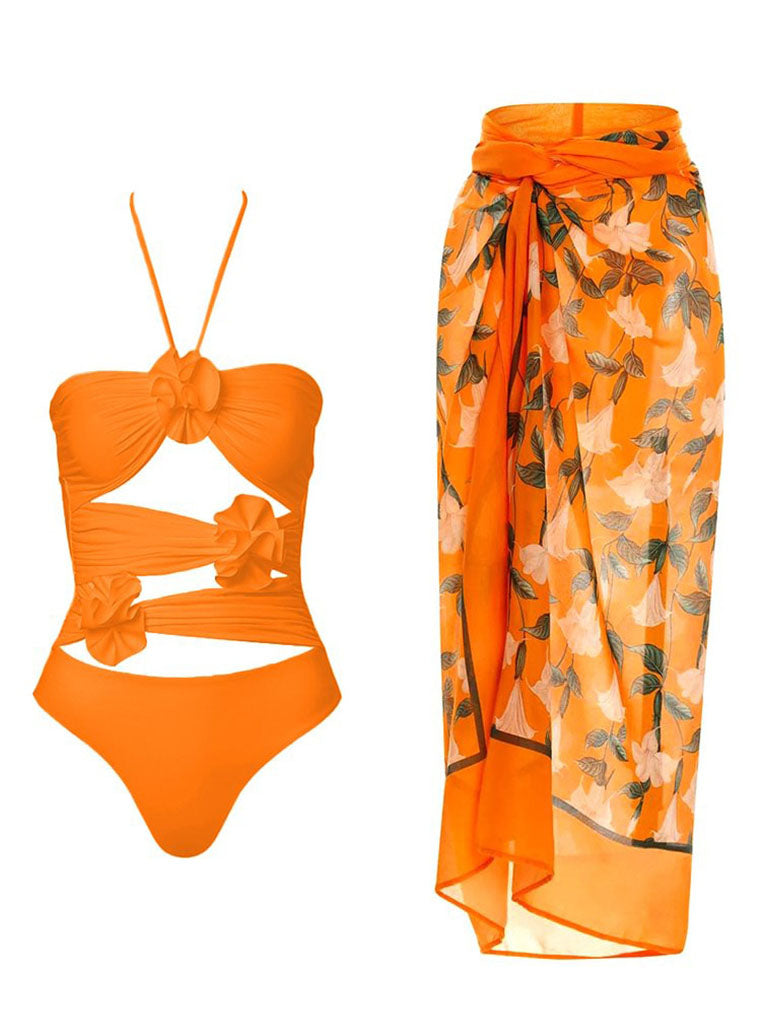 Orange Handmade Flower Halter Ruffles One Piece