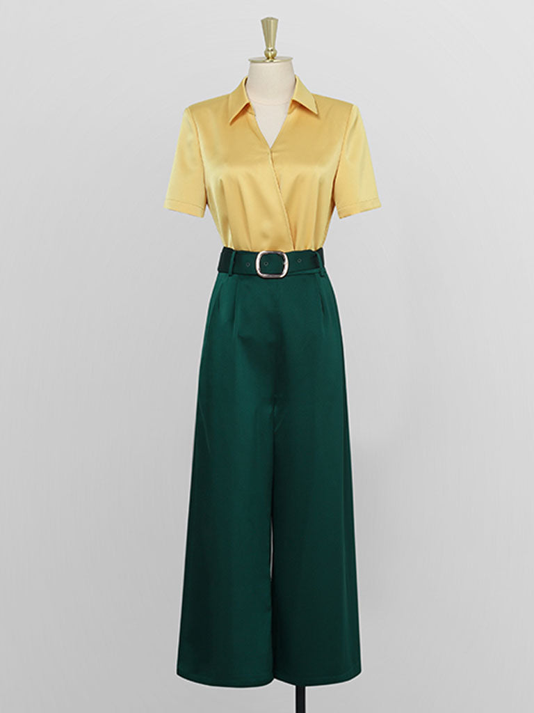 2PS Yellow Elegant V-neck Short Sleeve Shirt