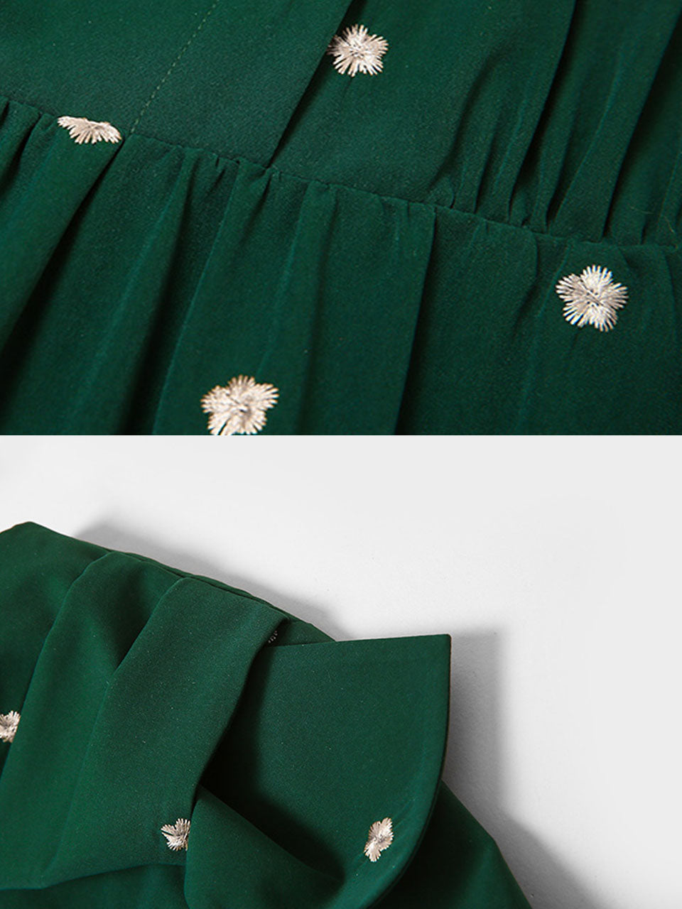 Dark Green Bow Collar Embroidered Flower 1950S Vintage Dress