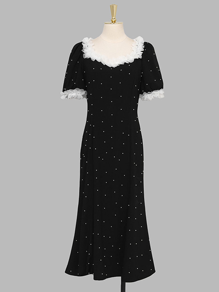 White Lace Square Neck Puff Sleeve Vintage Pearl Hepburn Style Midi Black Dress