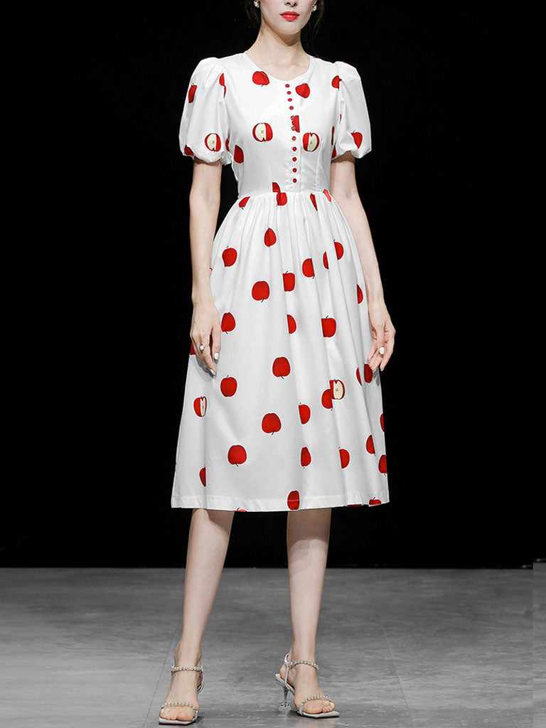 White Crew Neck Printed Red Apple Swing 1950S Dress