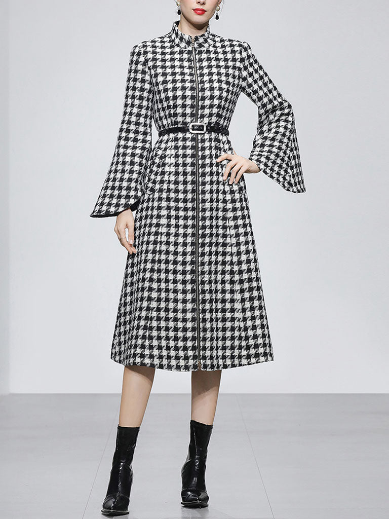 2PS Stand Collar Flared Sleeve  Houndstooth Wool Coat