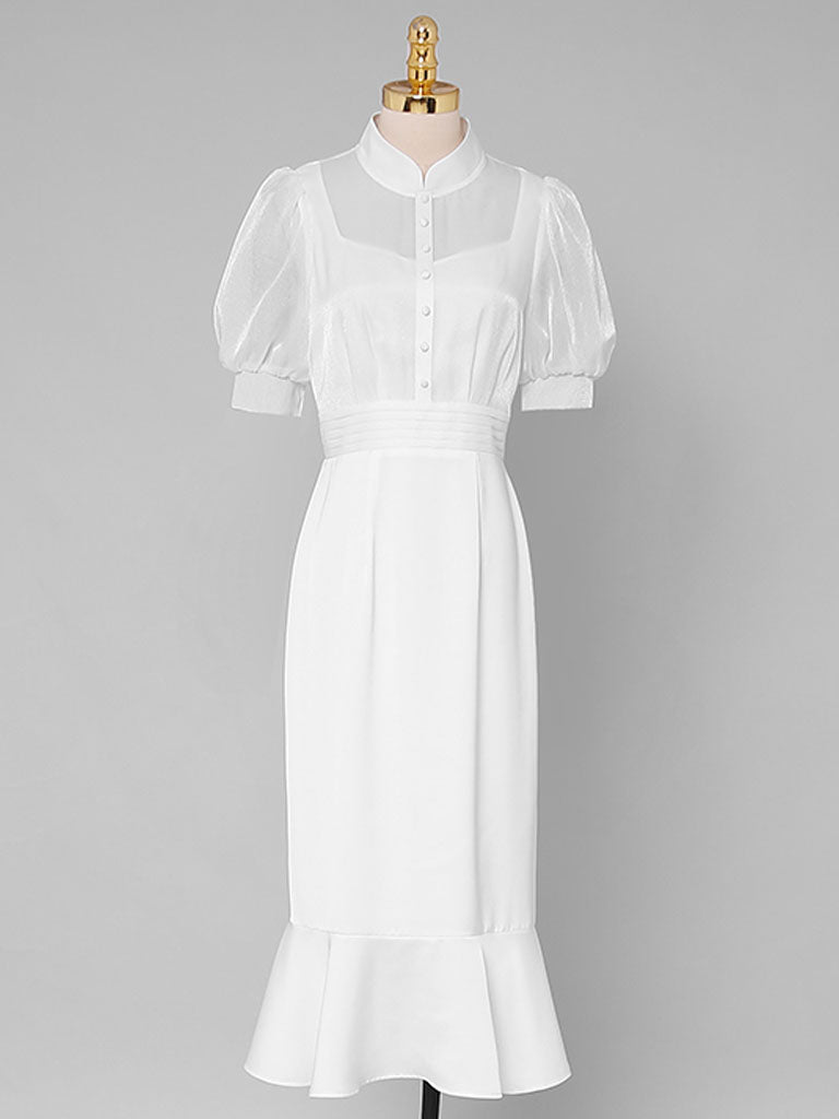 White Stand Collar Puff Sleeve Princess Mermaid Organza Dress