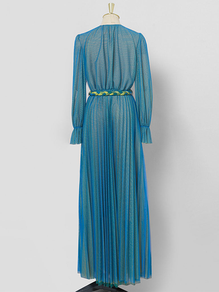 Blue V Neck Lantern Sleeve Pleated Fairy Dress
