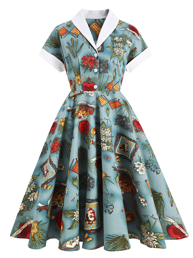 1960S Green Portrait Painting Turn-down Swing Vintage Dress