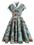 1960S Green Portrait Painting Turn-down Swing Vintage Dress