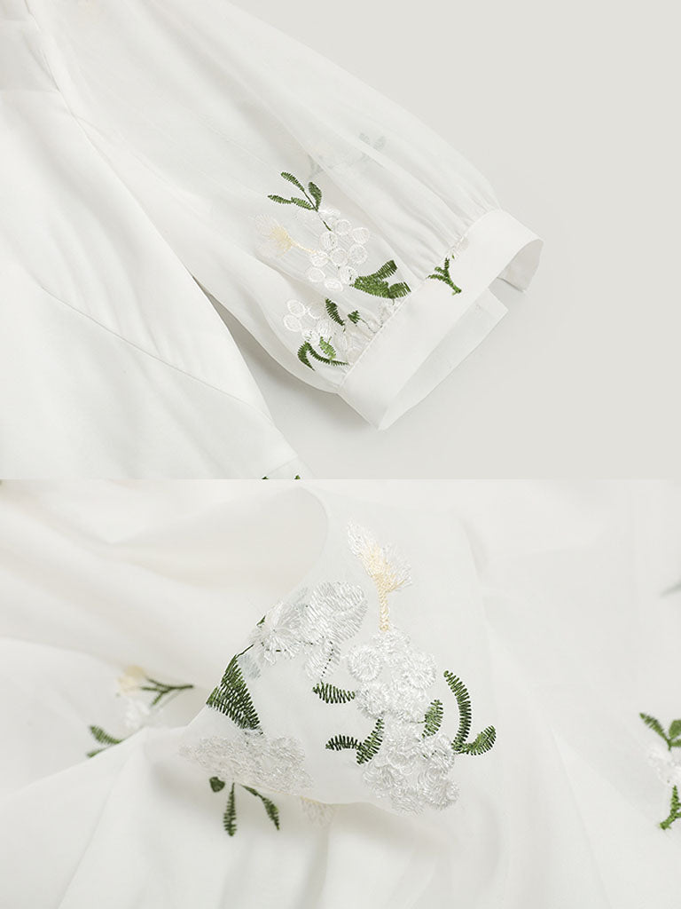 White V Neck Puff Sleeves Embroidered Organza Vintage Dress
