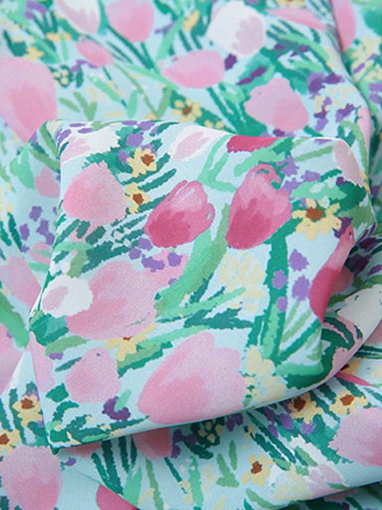 Blue Tulip Print Pearl 1950S Vintage Dress