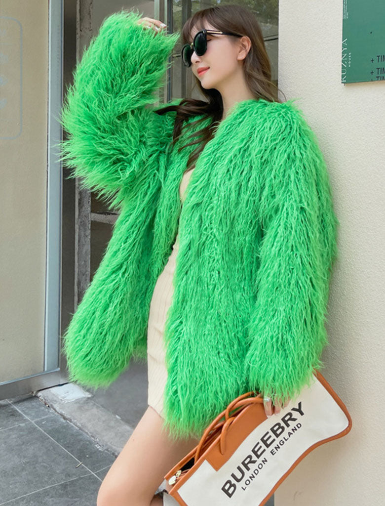 Green Faux Fur Long Sleeve Lambswool Coat Winter Coat