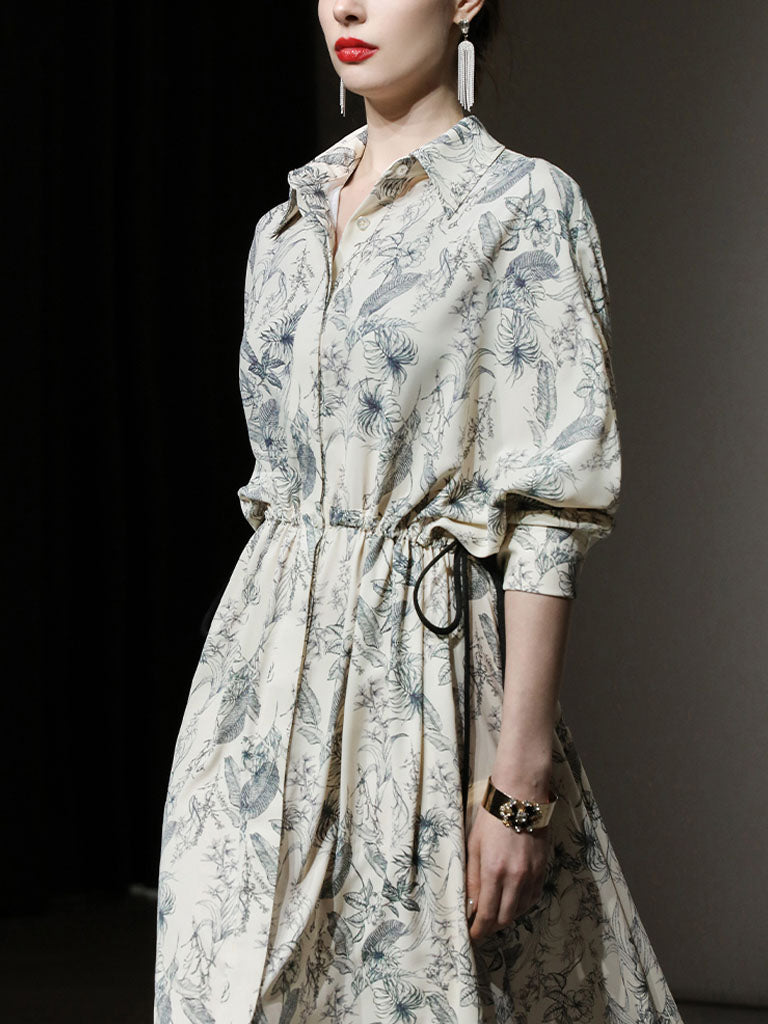 Apricot Doll Sleeves Nipped Waist Slim Print Shirt Dress