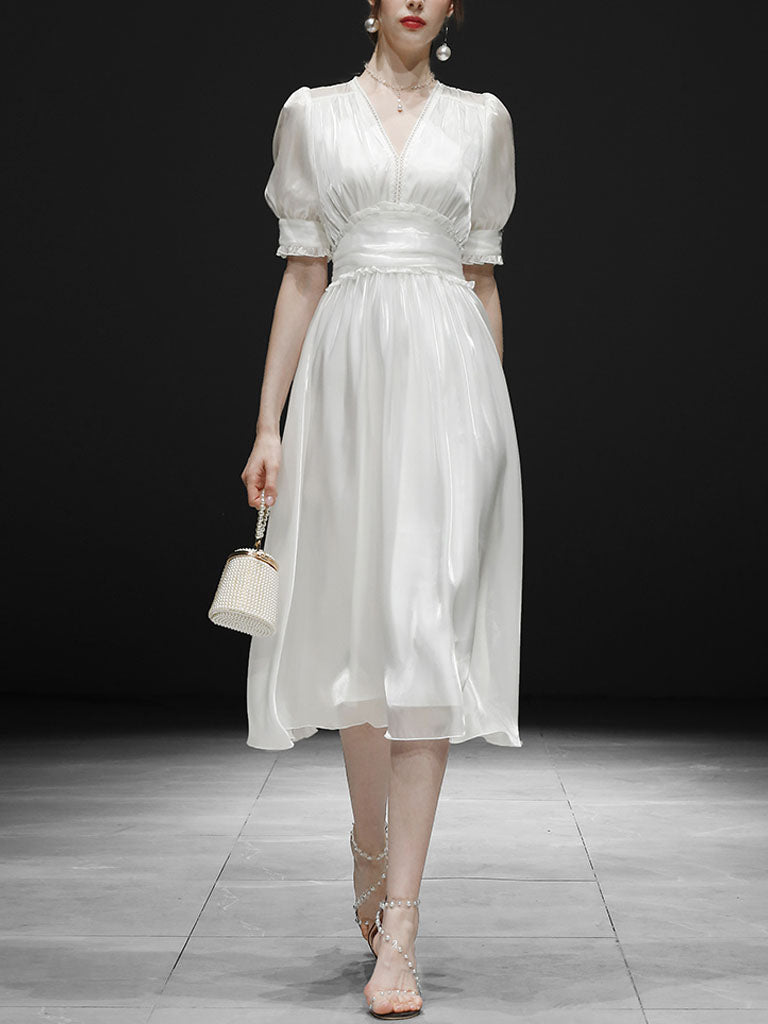 White Ruffles Puff Sleeve Organza Vintage Dress
