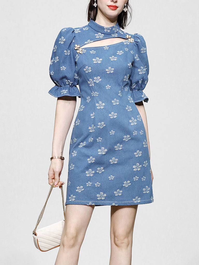 Retro Cheongsam Stand Collar Hollow Puff Sleeves Denim Printed Mini Dress