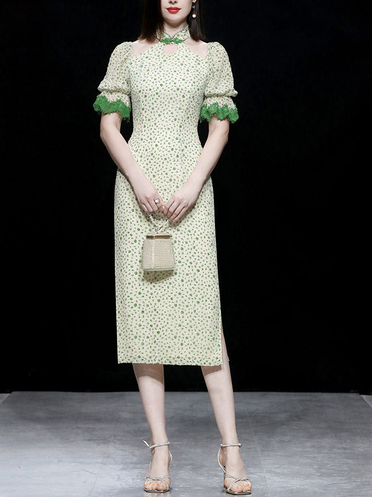 Hollow Fresh Floral Vintage Style Slit Cheongsam Dress