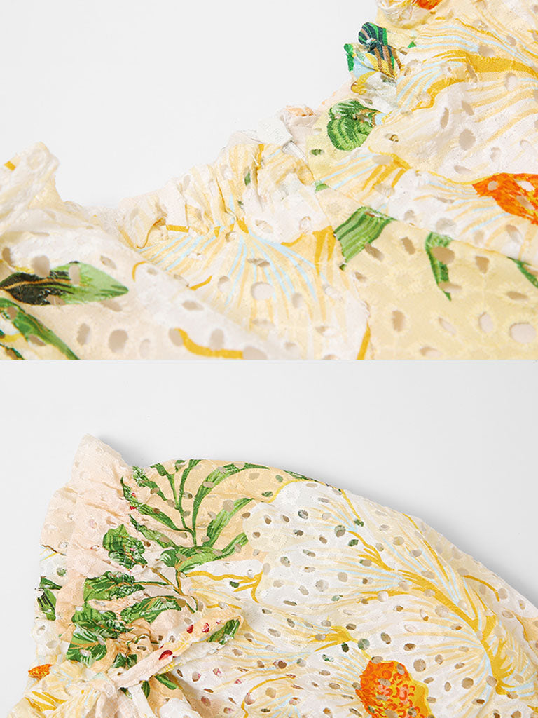 Embroidered Puff Sleeve Monet's Garden 1950s Vintage Party Dress