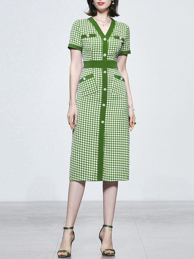 Green V Neck Checkerboard Print Short Sleeve 1940S Vintage Dress