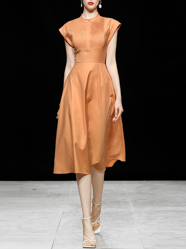 Orange Pleated Cap Sleeve Audrey Hepburn Style 50S Dress